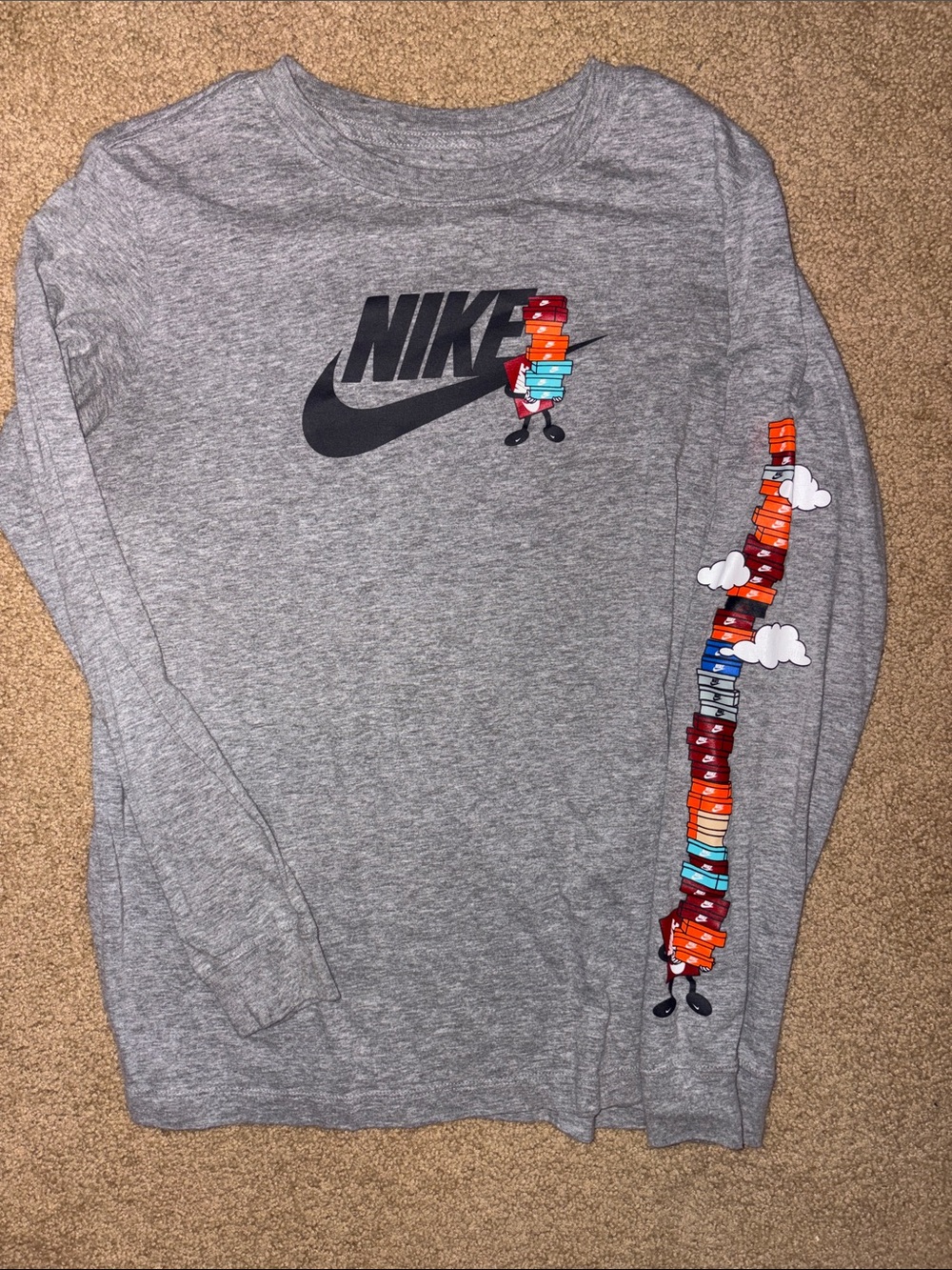 Nike Gray Crewneck Sweatshirt with Colorful Stacked Sneaker Graphic